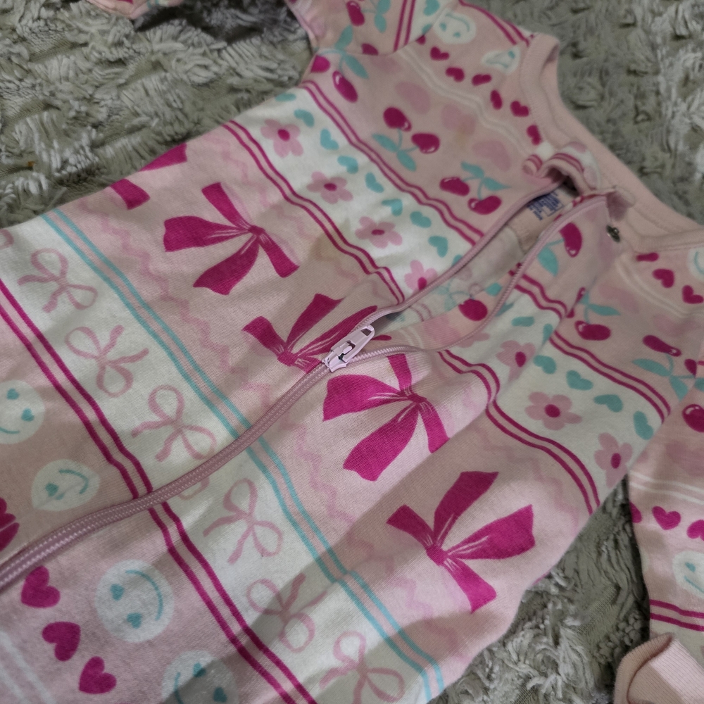 The Children's Place Pink and Teal Bow & Cherry Footed One-Piece - Picture 3 of 5